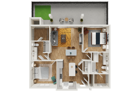 Floor plan for 2 beds, 2 baths, 1083 sqft